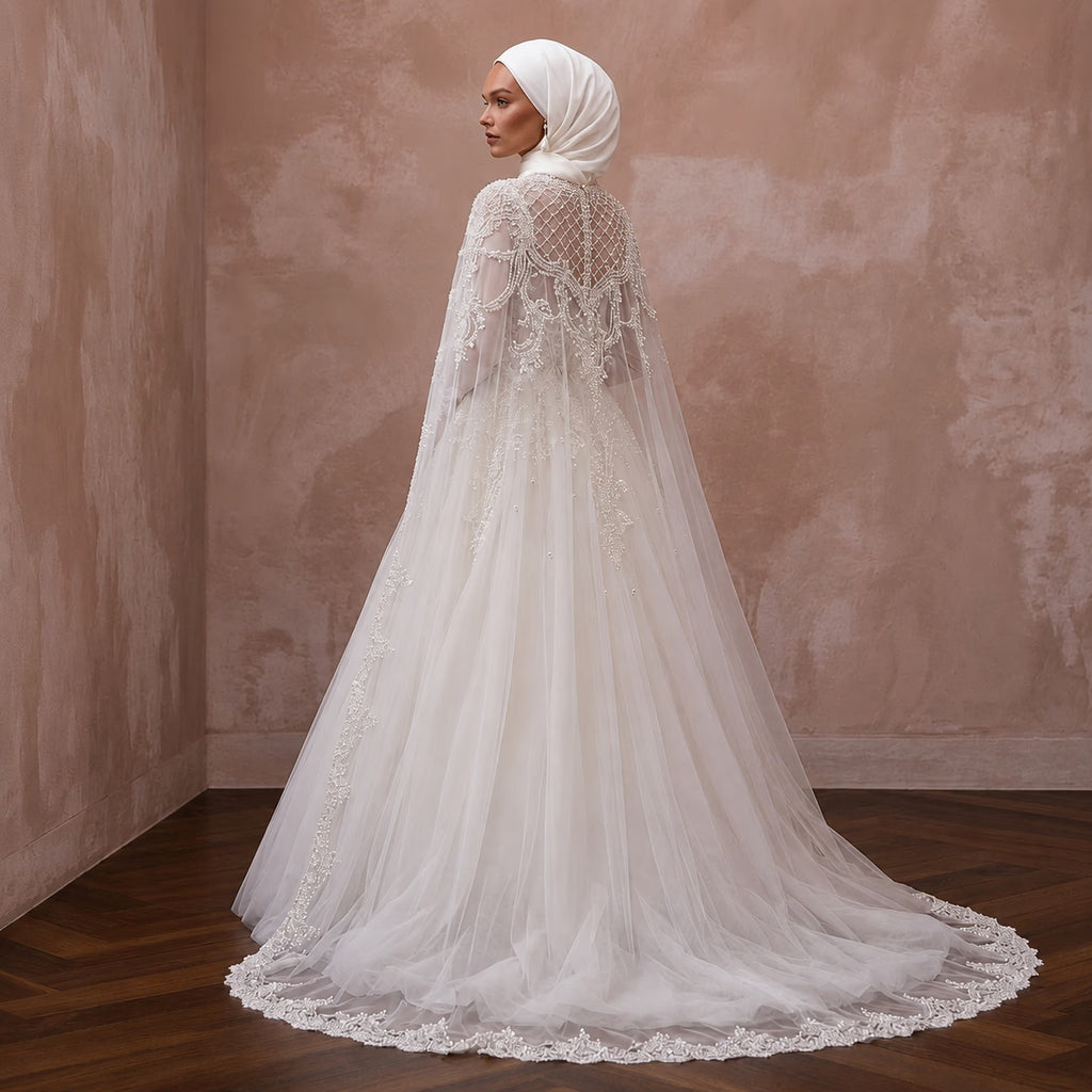 Muslim Tulle Wedding Dress with Cape and Ball Gown Silhouette