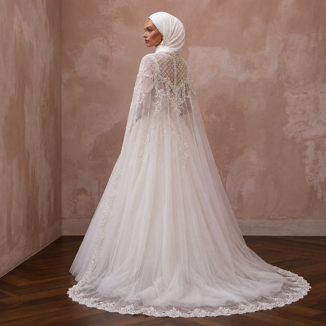 Muslim Tulle Wedding Dress with Cape and Ball Gown Silhouette