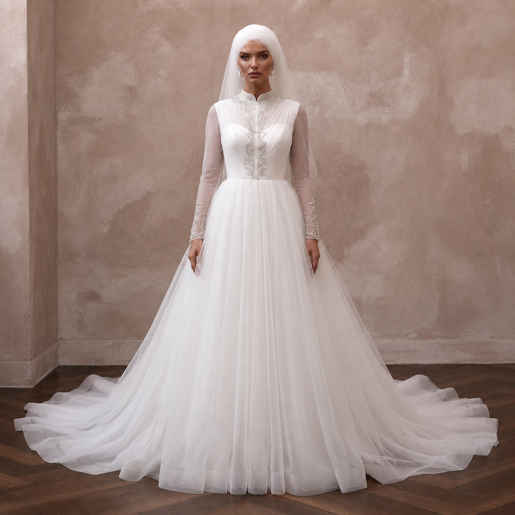 Muslim Tulle Wedding Dress with Long Sleeves and Ball Gown Silhouette