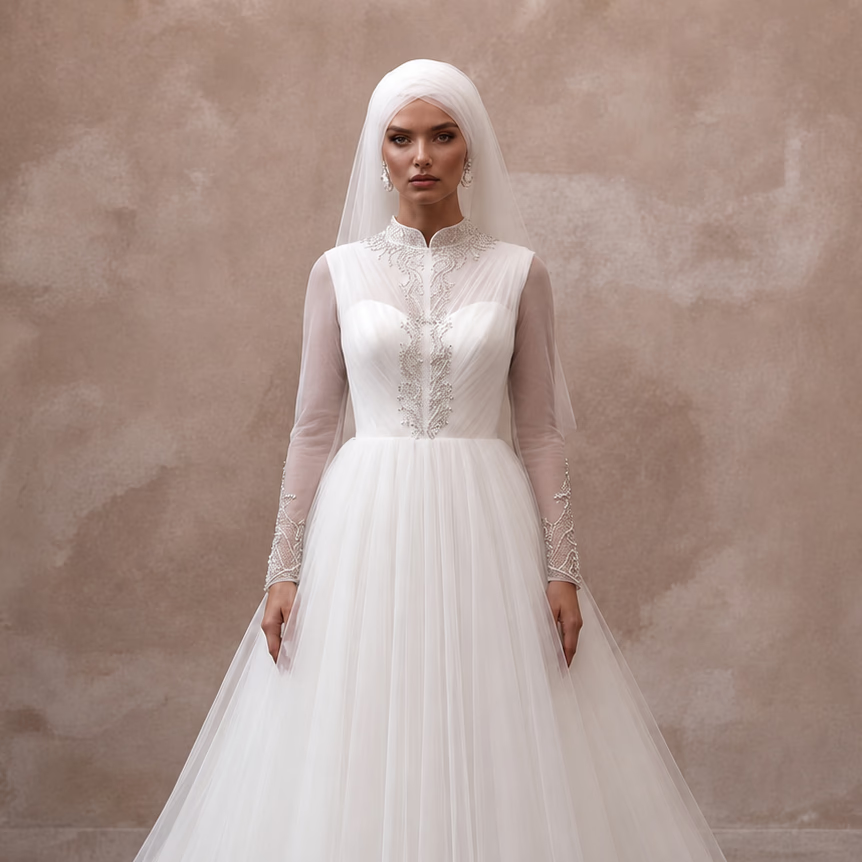 Muslim Tulle Wedding Dress with Long Sleeves and Ball Gown Silhouette