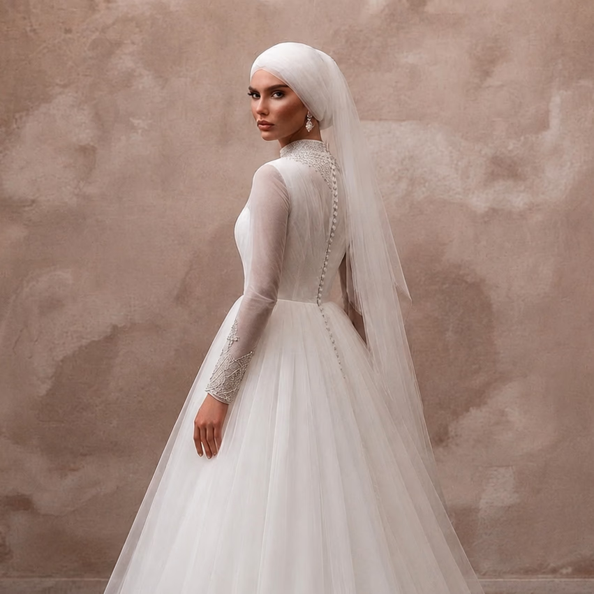 Muslim Tulle Wedding Dress with Long Sleeves and Ball Gown Silhouette