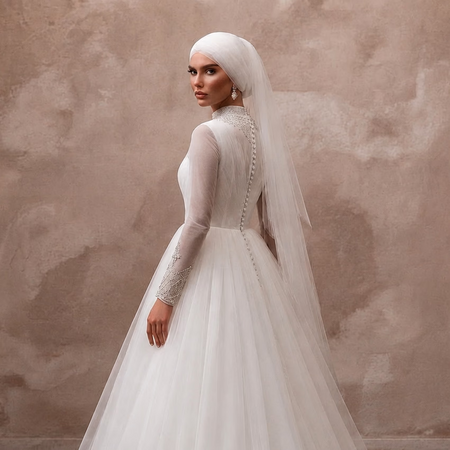 Muslim Tulle Wedding Dress with Long Sleeves and Ball Gown Silhouette