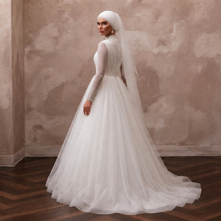 Muslim Tulle Wedding Dress with Long Sleeves and Ball Gown Silhouette