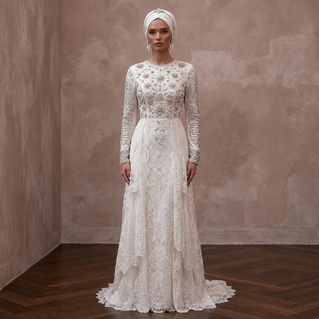 Muslim Wedding Dress with Hijab and Long Sleeves