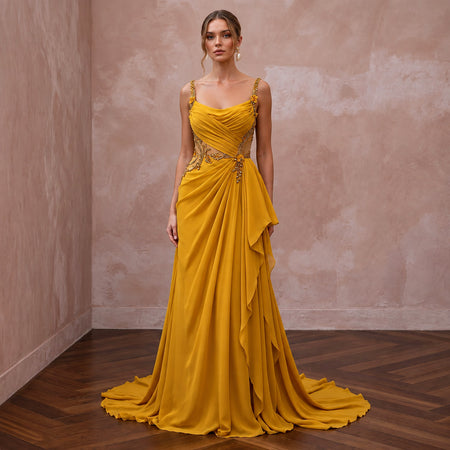Mustard Yellow Silk Georgette Draped Bodice Flowing Prom Gown - Apparel & Accessories > Clothing > Wedding & Bridal Party Dresses > Wedding Dresses - Mignonette Bridal