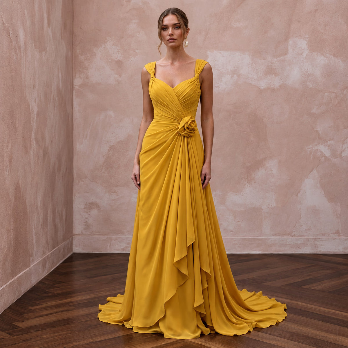 Mustard Yellow Silk Georgette Draped Bodice Flowing Prom Gown
