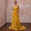 Mustard Yellow Silk Georgette Draped Bodice Flowing Prom Gown
