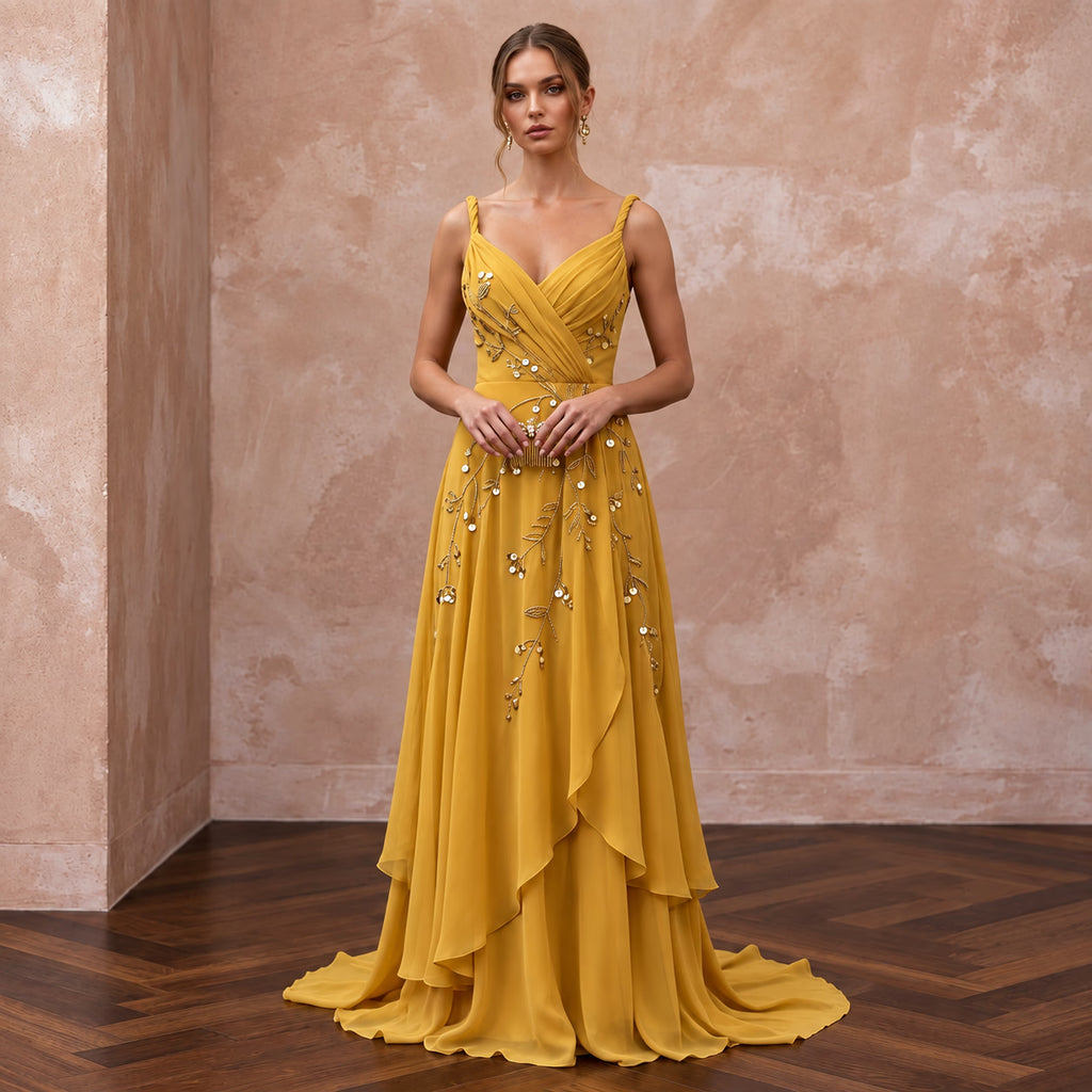 Mustard Yellow Silk Georgette Draped Bodice Flowing Prom Gown