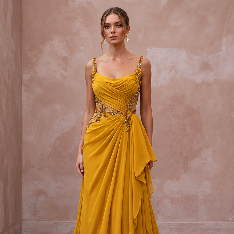 Mustard Yellow Silk Georgette Draped Bodice Flowing Prom Gown - Apparel & Accessories > Clothing > Wedding & Bridal Party Dresses > Wedding Dresses - Mignonette Bridal