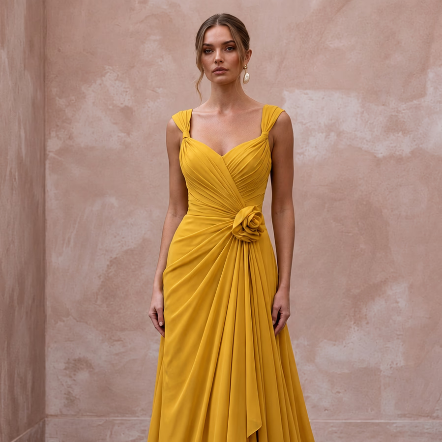 Mustard Yellow Silk Georgette Draped Bodice Flowing Prom Gown