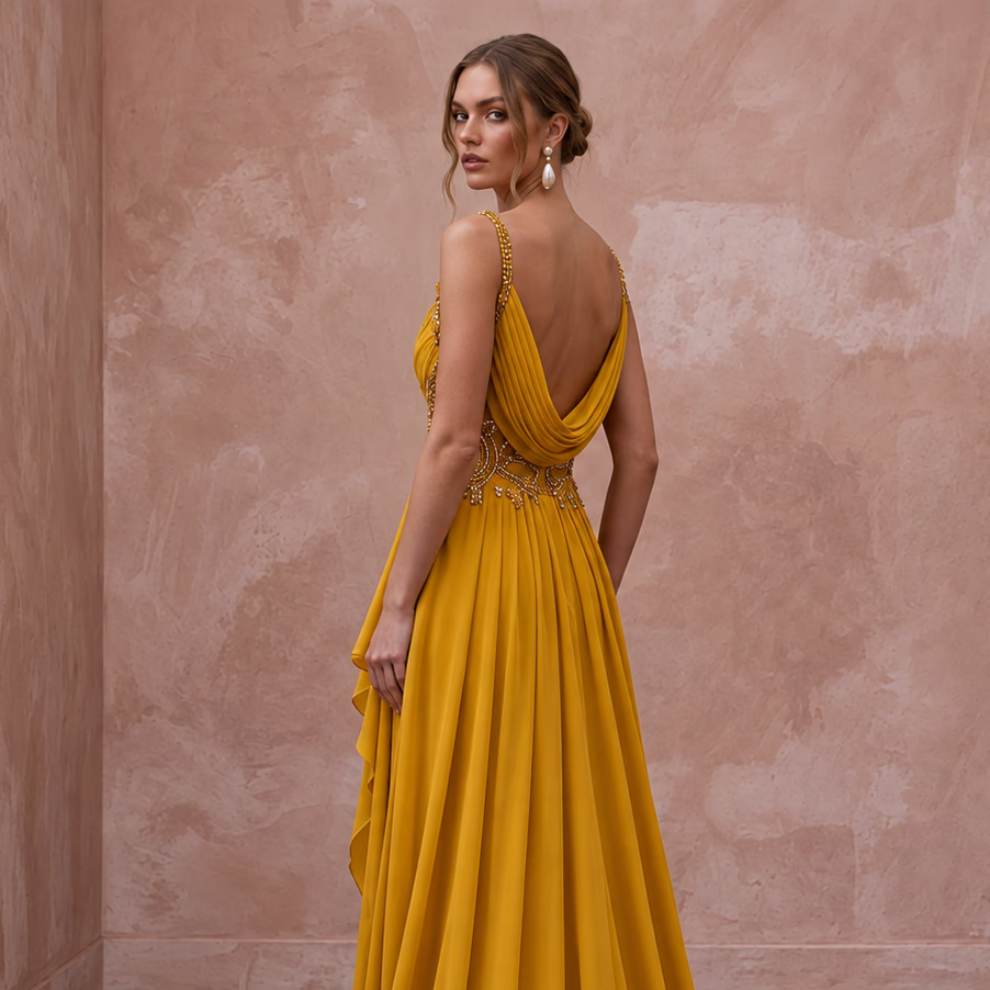 Mustard Yellow Silk Georgette Draped Bodice Flowing Prom Gown - Apparel & Accessories > Clothing > Wedding & Bridal Party Dresses > Wedding Dresses - Mignonette Bridal