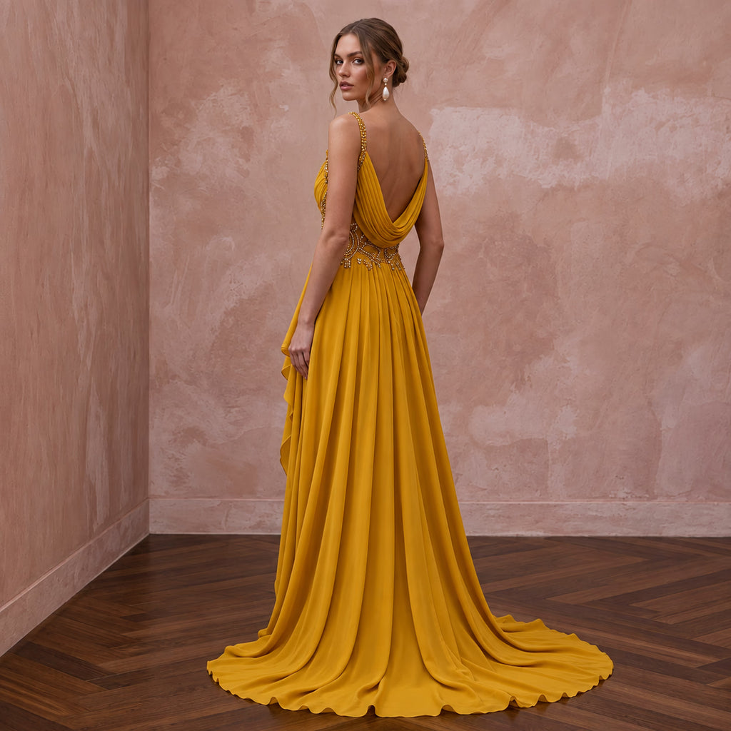 Mustard Yellow Silk Georgette Draped Bodice Flowing Prom Gown - Apparel & Accessories > Clothing > Wedding & Bridal Party Dresses > Wedding Dresses - Mignonette Bridal