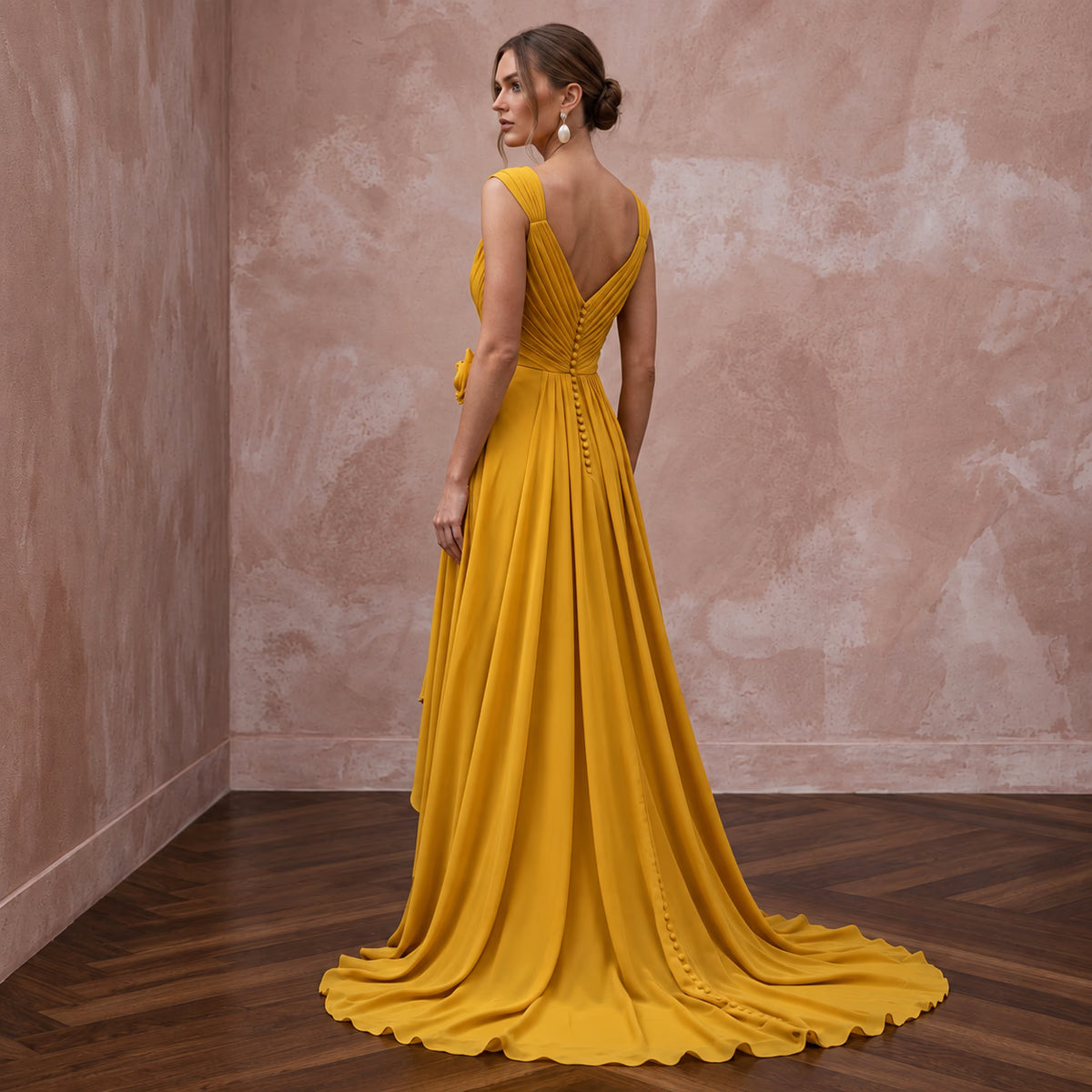Mustard Yellow Silk Georgette Draped Bodice Flowing Prom Gown