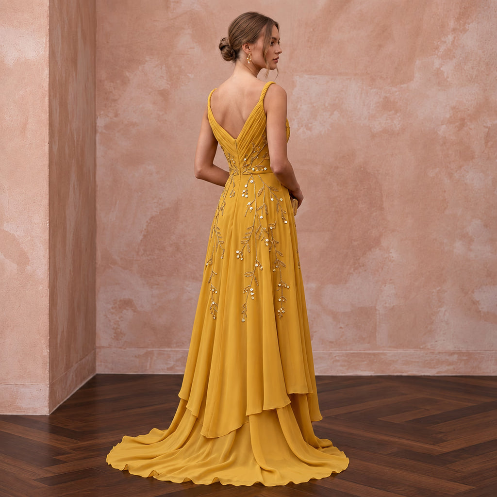 Mustard Yellow Silk Georgette Draped Bodice Flowing Prom Gown