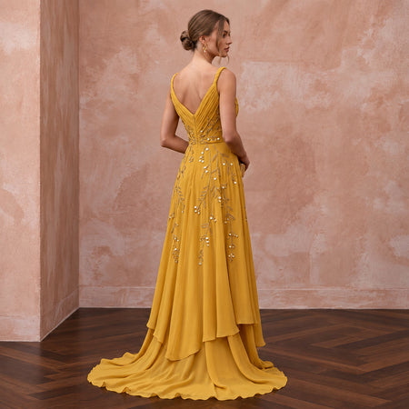 Mustard Yellow Silk Georgette Draped Bodice Flowing Prom Gown