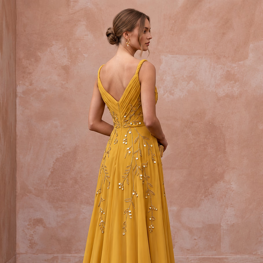 Mustard Yellow Silk Georgette Draped Bodice Flowing Prom Gown