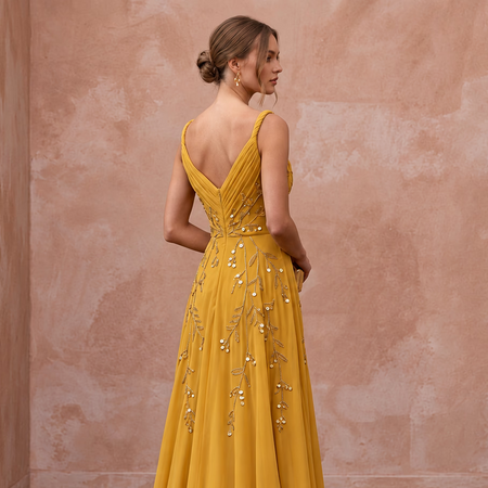 Mustard Yellow Silk Georgette Draped Bodice Flowing Prom Gown