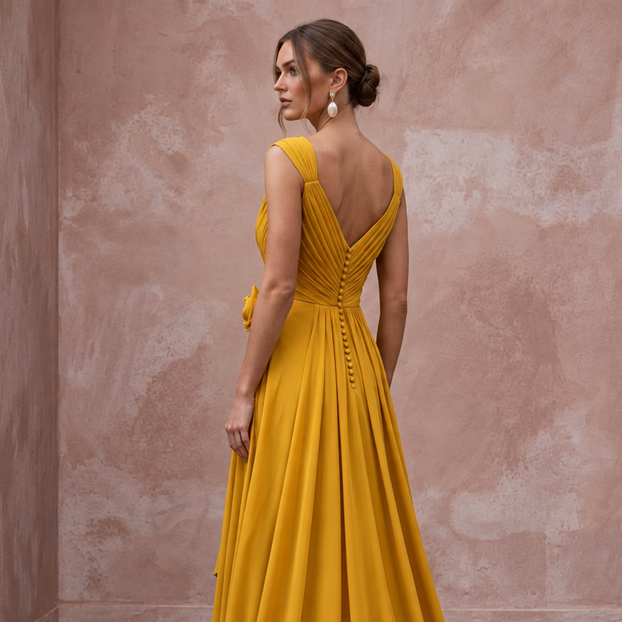Mustard Yellow Silk Georgette Draped Bodice Flowing Prom Gown