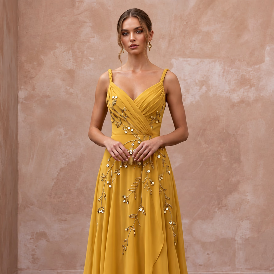 Mustard Yellow Silk Georgette Draped Bodice Flowing Prom Gown