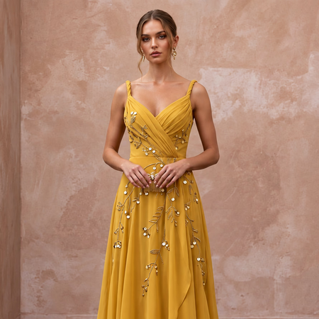 Mustard Yellow Silk Georgette Draped Bodice Flowing Prom Gown