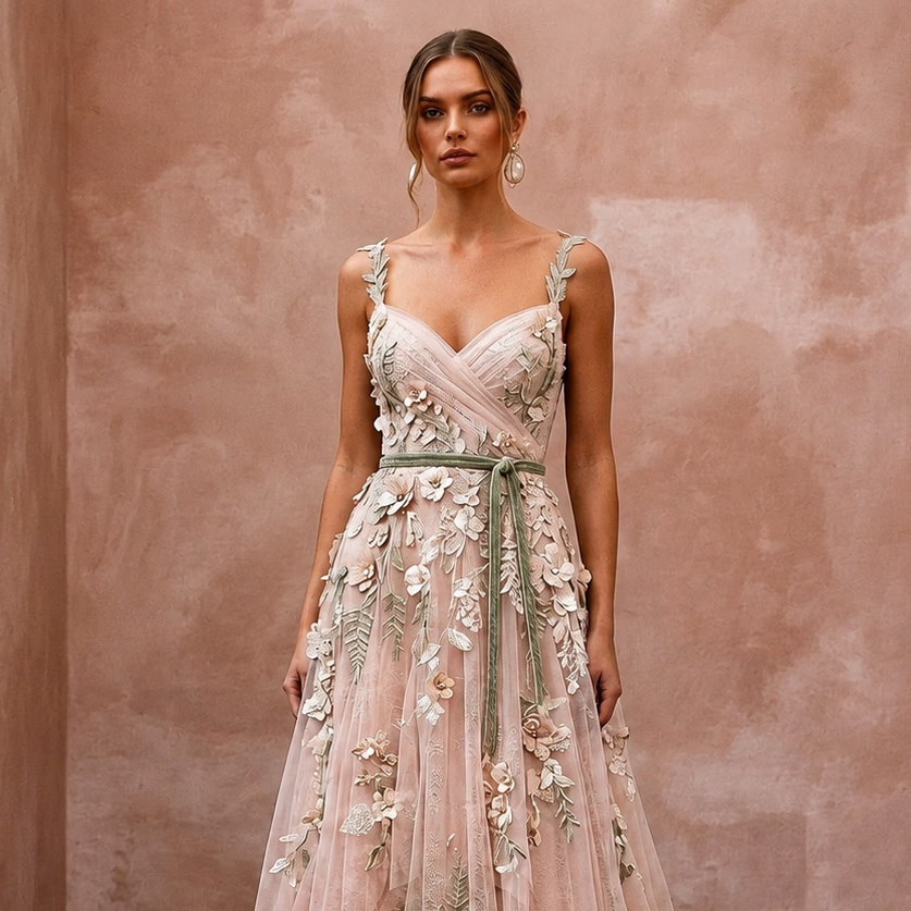 Nature - Inspired Blush Wildflower Lace Dress for Elopement - Apparel & Accessories > Clothing > Wedding & Bridal Party Dresses > Wedding Dresses - Mignonette Bridal