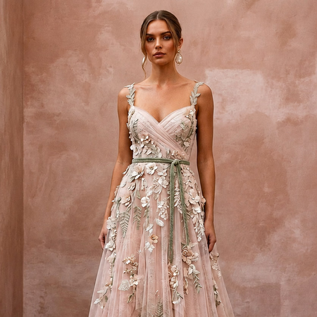 Nature - Inspired Blush Wildflower Lace Dress for Elopement - Apparel & Accessories > Clothing > Wedding & Bridal Party Dresses > Wedding Dresses - Mignonette Bridal
