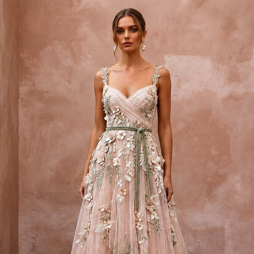 Nature-Inspired Blush Wildflower Lace Dress for Elopement