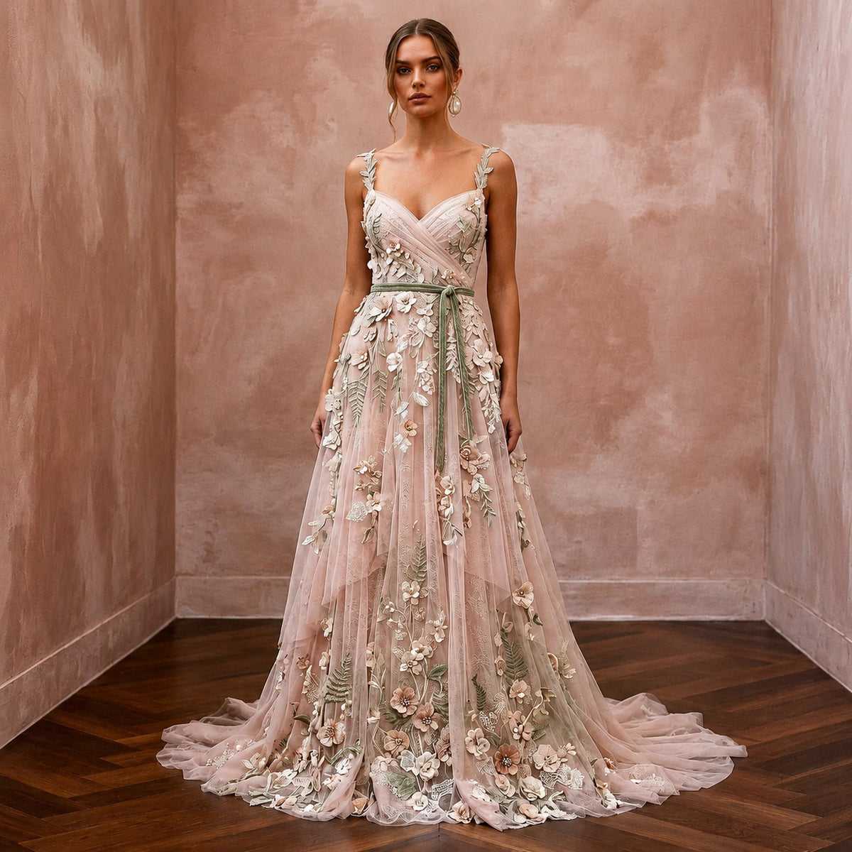 Nature - Inspired Blush Wildflower Lace Dress for Elopement - Apparel & Accessories > Clothing > Wedding & Bridal Party Dresses > Wedding Dresses - Mignonette Bridal Main image