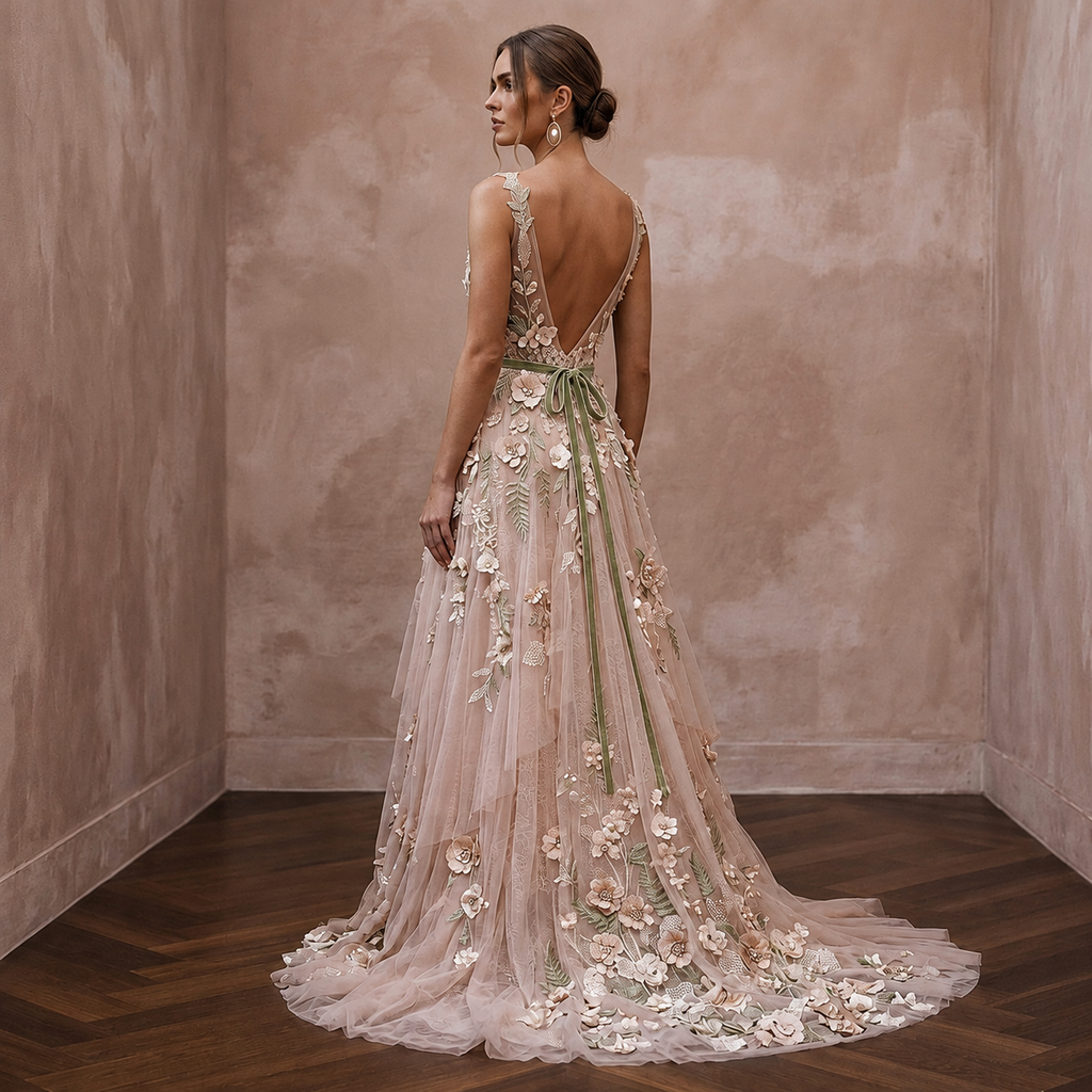 Nature-Inspired Blush Wildflower Lace Dress for Elopement