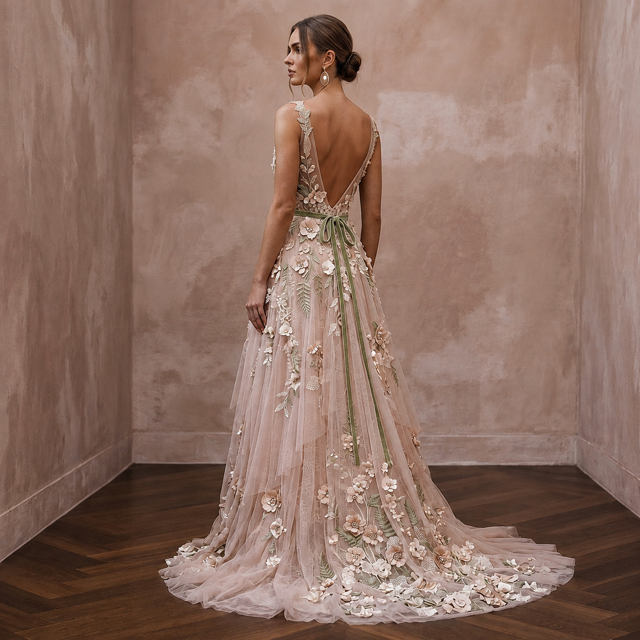 Nature-Inspired Blush Wildflower Lace Dress for Elopement