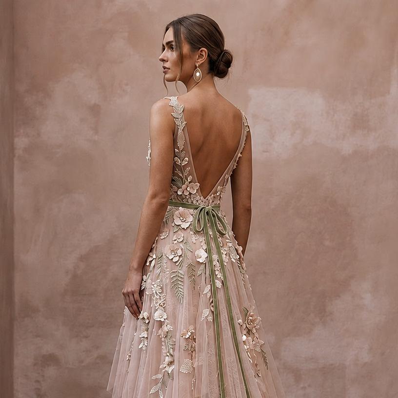 Nature - Inspired Blush Wildflower Lace Dress for Elopement - Apparel & Accessories > Clothing > Wedding & Bridal Party Dresses > Wedding Dresses - Mignonette Bridal