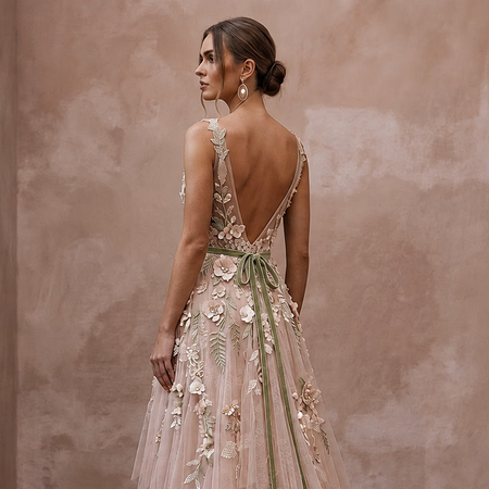 Nature - Inspired Blush Wildflower Lace Dress for Elopement - Apparel & Accessories > Clothing > Wedding & Bridal Party Dresses > Wedding Dresses - Mignonette Bridal