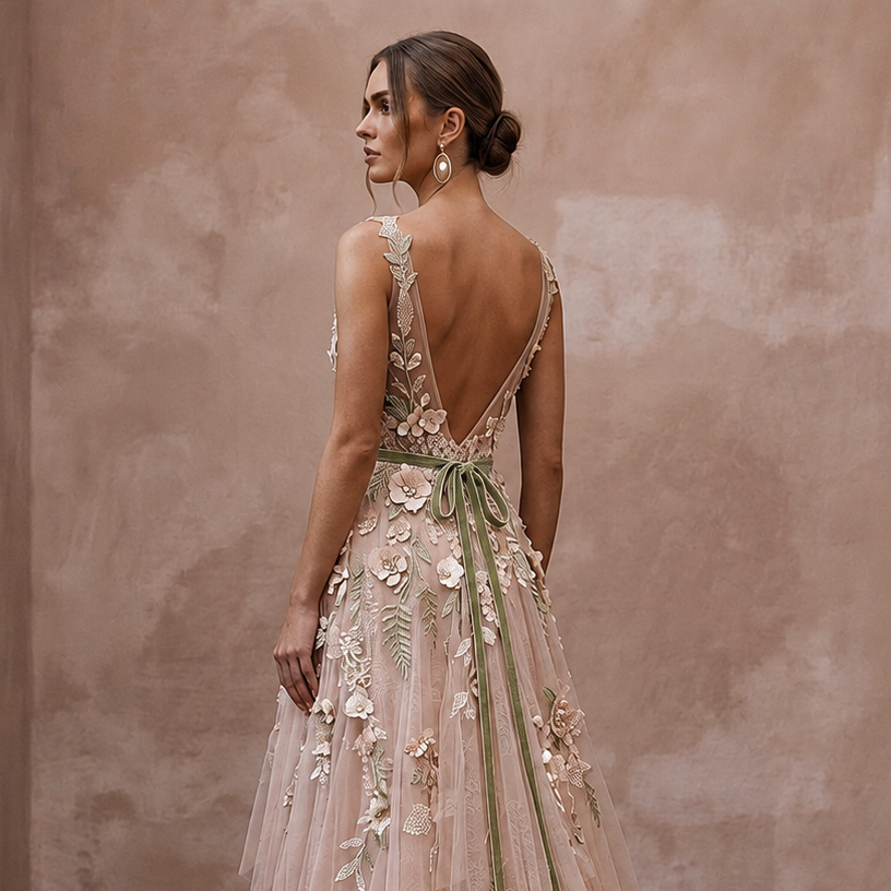 Nature-Inspired Blush Wildflower Lace Dress for Elopement