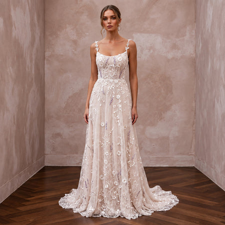 Nature-Inspired Blush Wildflower Lace Wedding Dress for Elopement