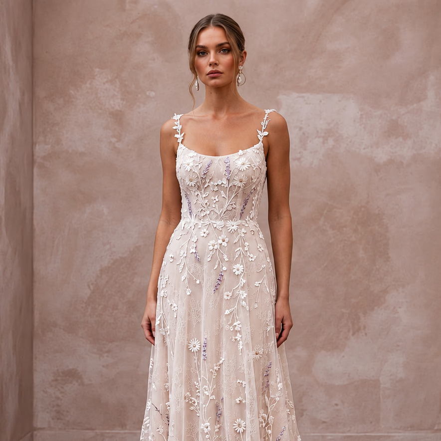 Nature-Inspired Blush Wildflower Lace Wedding Dress for Elopement