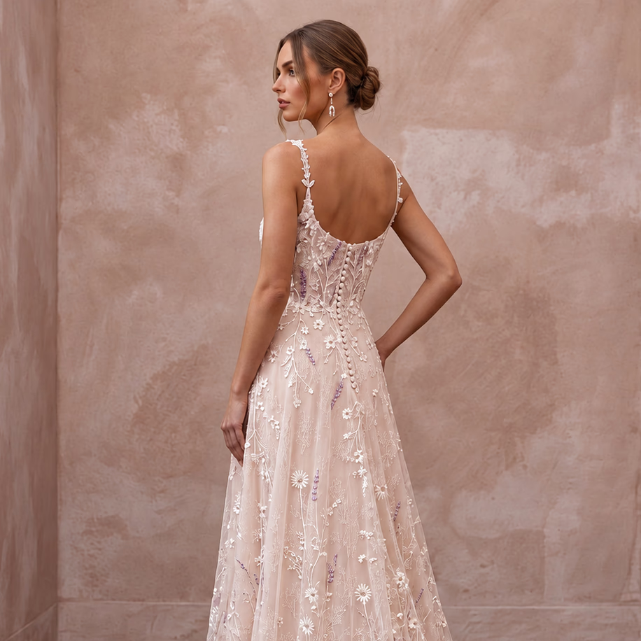 Nature-Inspired Blush Wildflower Lace Wedding Dress for Elopement