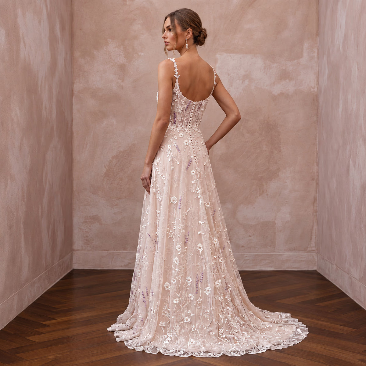 Nature-Inspired Blush Wildflower Lace Wedding Dress for Elopement