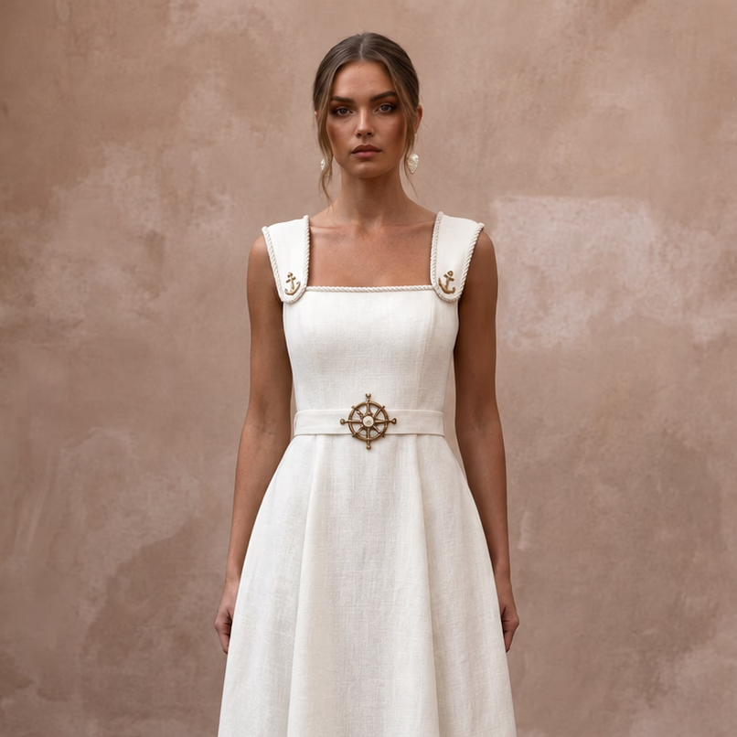 Nautical - Inspired Ivory Linen Midi Dress for Seaside Engagement - Apparel & Accessories > Clothing > Wedding & Bridal Party Dresses > Wedding Dresses - Mignonette Bridal