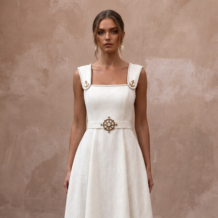 Nautical - Inspired Ivory Linen Midi Dress for Seaside Engagement - Apparel & Accessories > Clothing > Wedding & Bridal Party Dresses > Wedding Dresses - Mignonette Bridal