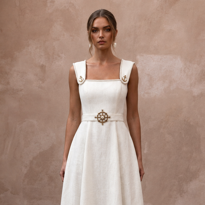 Nautical-Inspired Ivory Linen Midi Dress for Seaside Engagement