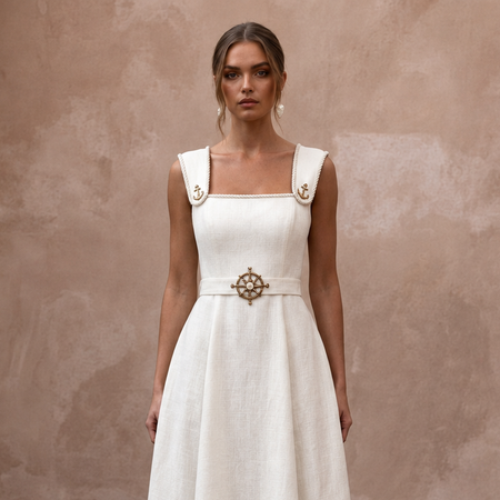 Nautical-Inspired Ivory Linen Midi Dress for Seaside Engagement