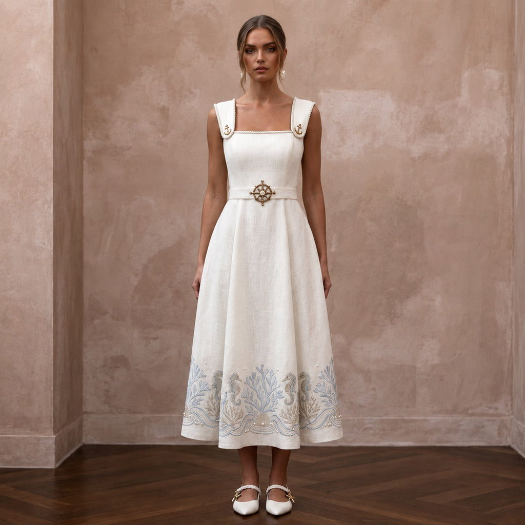 Nautical - Inspired Ivory Linen Midi Dress for Seaside Engagement - Apparel & Accessories > Clothing > Wedding & Bridal Party Dresses > Wedding Dresses - Mignonette Bridal