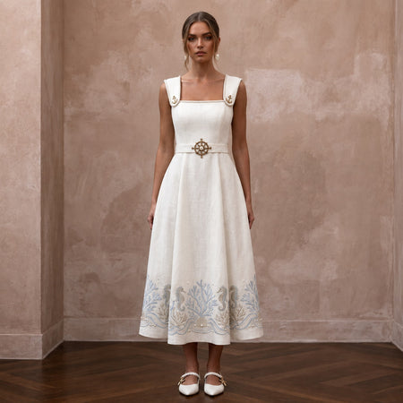 Nautical - Inspired Ivory Linen Midi Dress for Seaside Engagement - Apparel & Accessories > Clothing > Wedding & Bridal Party Dresses > Wedding Dresses - Mignonette Bridal