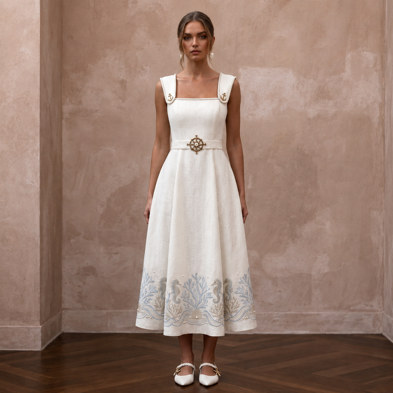 Nautical-Inspired Ivory Linen Midi Dress for Seaside Engagement Main image
