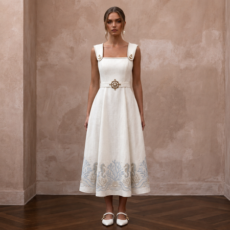Nautical-Inspired Ivory Linen Midi Dress for Seaside Engagement