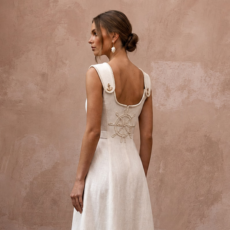 Nautical - Inspired Ivory Linen Midi Dress for Seaside Engagement - Apparel & Accessories > Clothing > Wedding & Bridal Party Dresses > Wedding Dresses - Mignonette Bridal