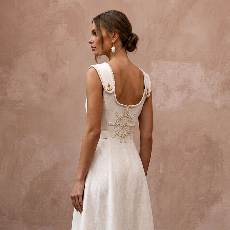 Nautical-Inspired Ivory Linen Midi Dress for Seaside Engagement