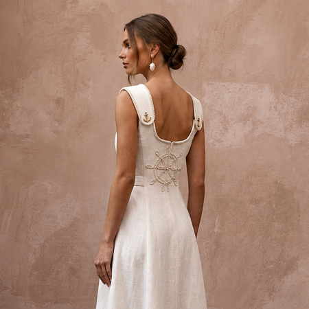 Nautical-Inspired Ivory Linen Midi Dress for Seaside Engagement