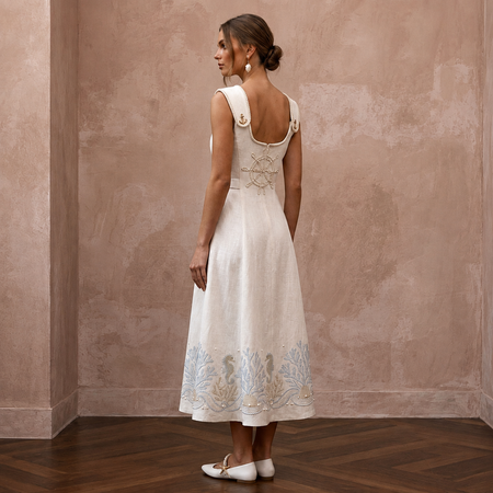 Nautical-Inspired Ivory Linen Midi Dress for Seaside Engagement