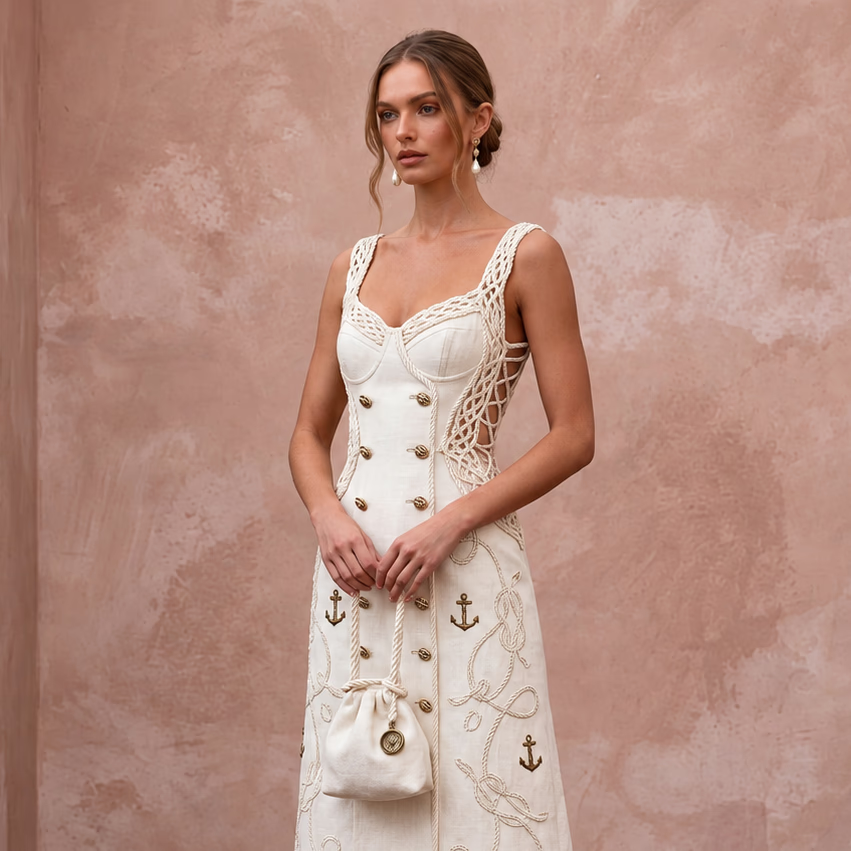 Nautical-Inspired Ivory Linen Midi Wedding Dress for Seaside Engagement